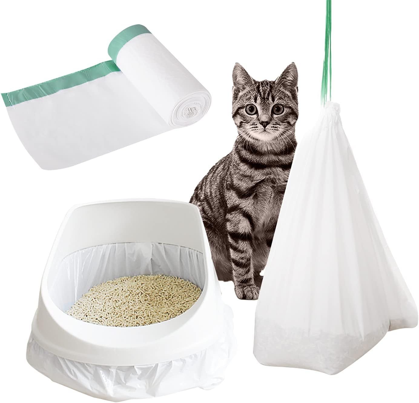 Cat Litter Box Liners Jumbo Disposable Bags with Drawstring for Kitty Pet Waste Bag 10 Unit 1 Roll Per Pack, Extra-Thick Scratch Resistant
