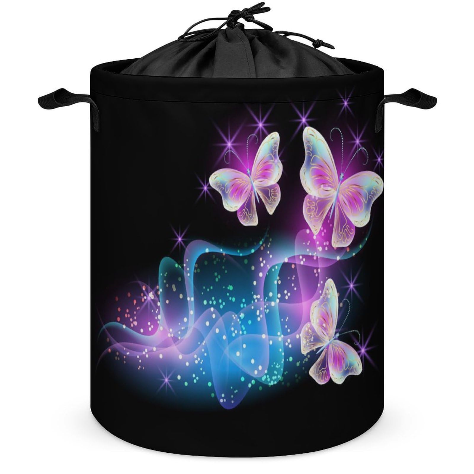 Wlntrophic Drawstring Laundry Hamper, Glowing Night Pink Butterflies Laundry Basket, Washing Basket with Handle