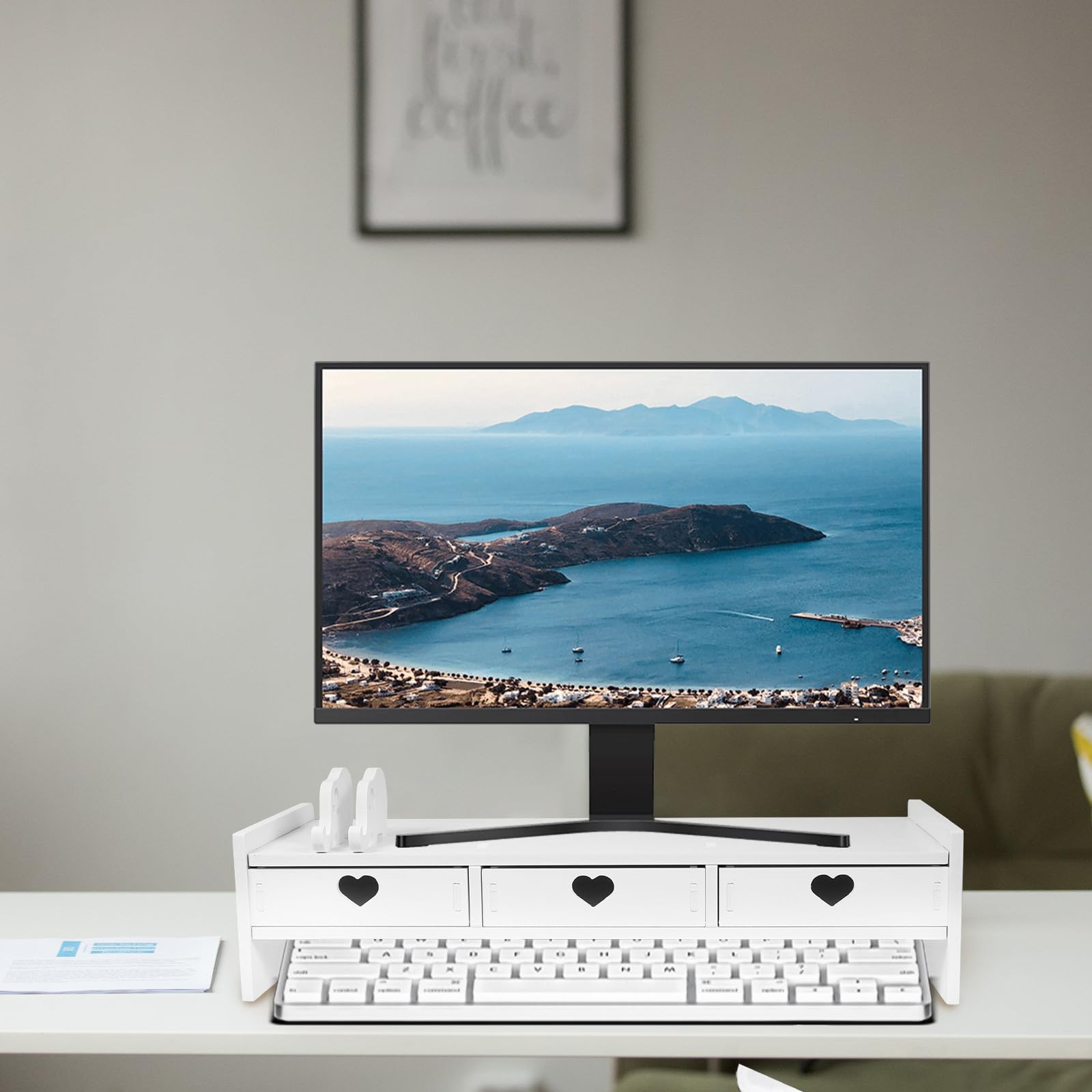 Supporto per Monitor Base Ergonomica e Cassetti da Scrivania, Rialzo in PVC e Legno-Plastica Bianco, Organizer Integrato per Computer, Adatto a Uffici e Smart Working