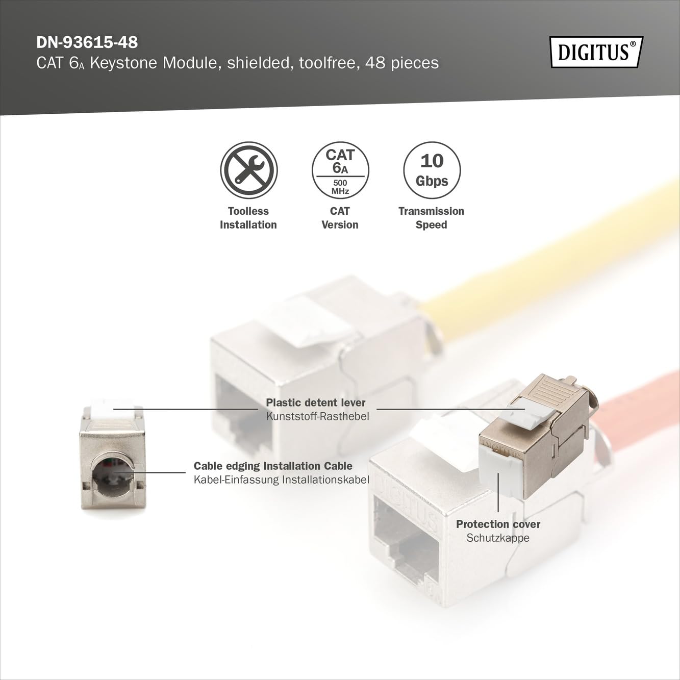 DIGITUS Keystone Module Cat-6A Blindé - 48 pièces - RJ45 femelle - 500 MHz 10GBase-T - AWG 26-22 - Montage sans outils