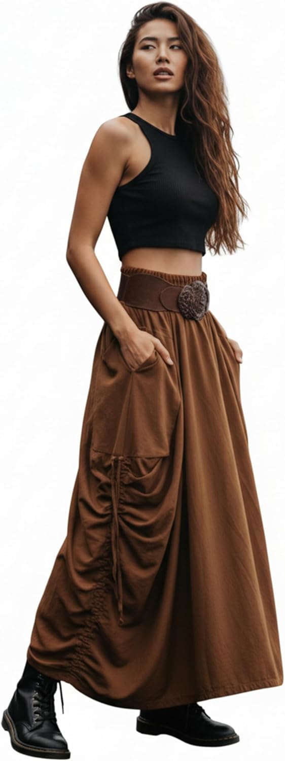 Thaluta Women's Maxi Boho Skirt with Pockets Bohemian Organic Cotton Hippie Gypsy