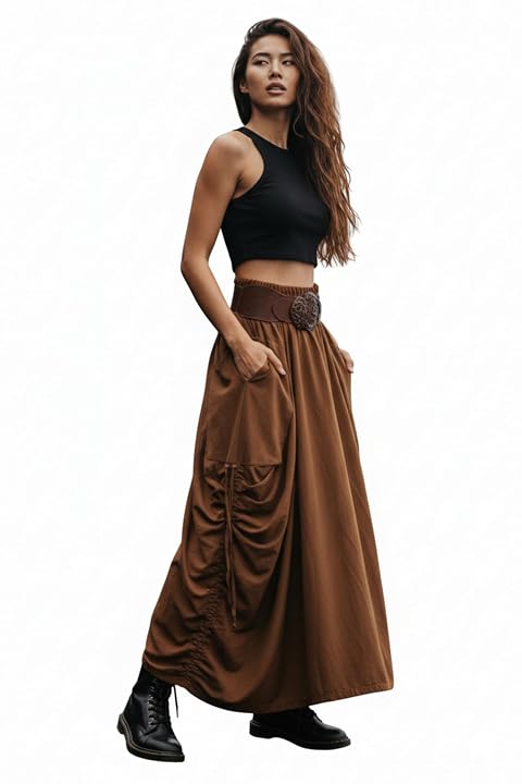 Thaluta Womens Maxi Boho Skirt with Pockets Bohemian Organic Cotton Hippie Gypsy