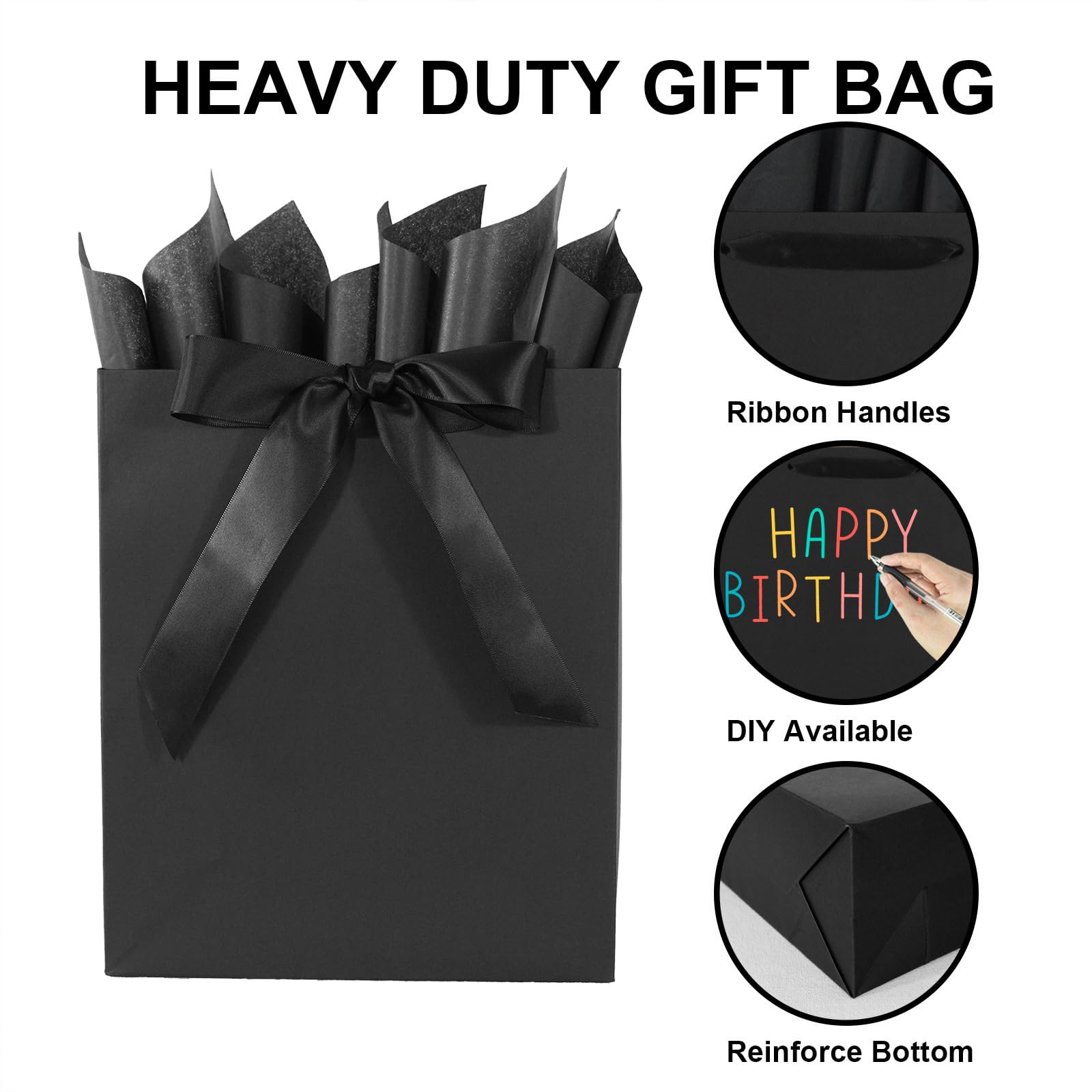 Elegant Black Gift Bag 10.2"x4.7"x12.2" with Ribbons Handles, Includes Card and Tissue Papers for Weddings, Birthdays, Baby Shower, Parties, Holidays