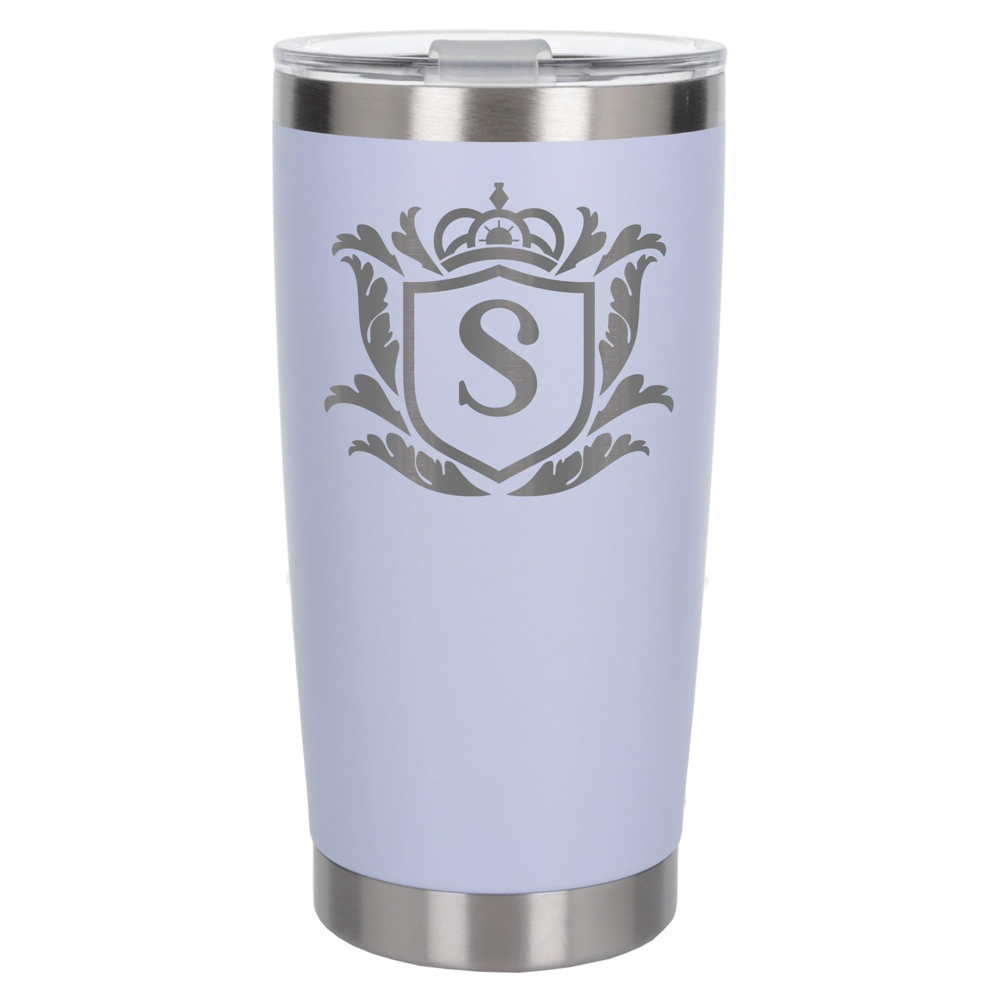Customised Gifts 500ml Engraved Shield Initial Monogram Insulated Personalised White Travel Mug for Men and Women - Personalised Initial Coffee Travel Mug for Hot and Cold Beverages, Letter S