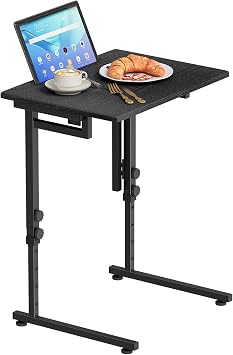 Adjustable Height Tv Tray Table,Portable Folding Tv Tray Dinner Snack Trays Table,Small Foldable C-Shaped End Table for Eating,Slide Under Couch Side with Sturdy MDF Top,No AssemblyBlack+Black