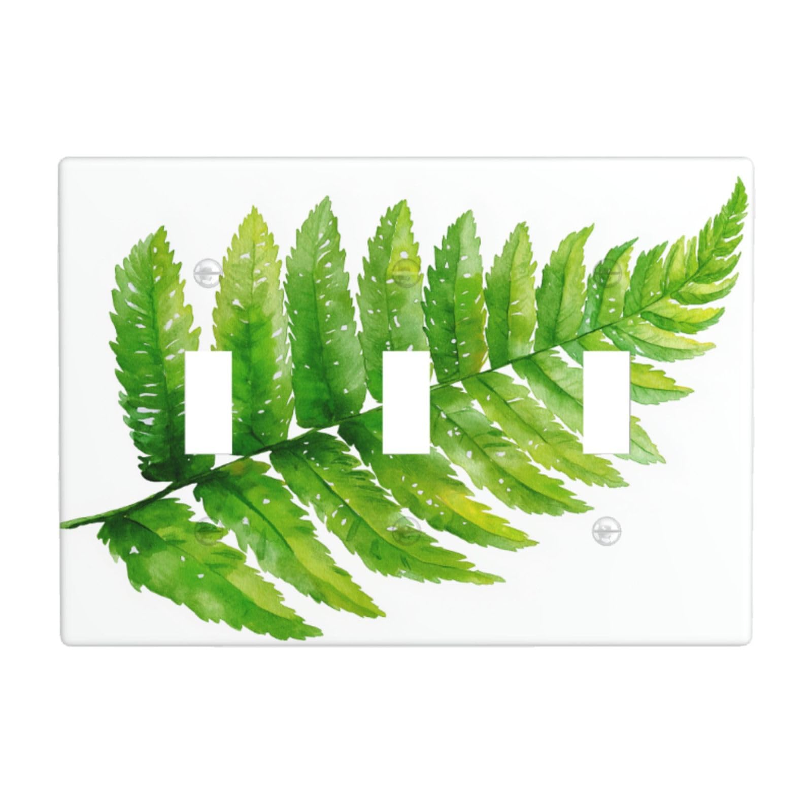 Woshuwo White Green Fern Leaf On Watercolor Light Switch Covers 3 Gang Triple Toggle Wall Plate Switchplate Electrical Faceplate For Bathroom Kitchen Bedroom Decor