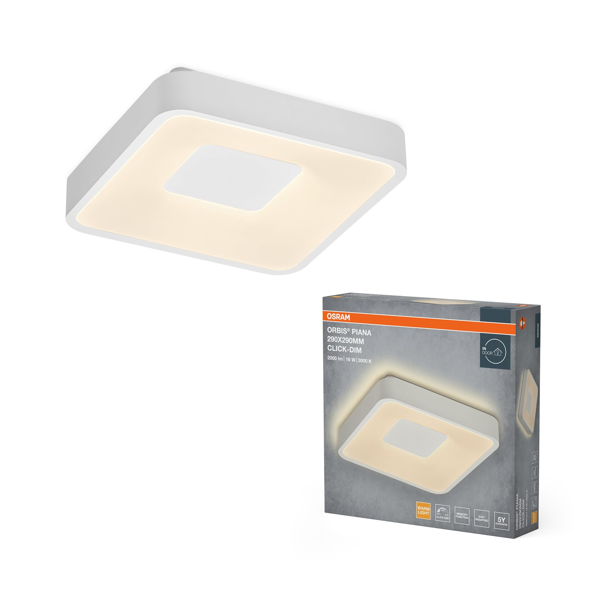 Osram ORBIS Piana LED Ceiling Light 290 mm, 16W, 3000K Warm White, Click-DIM, White, Metal, IP20