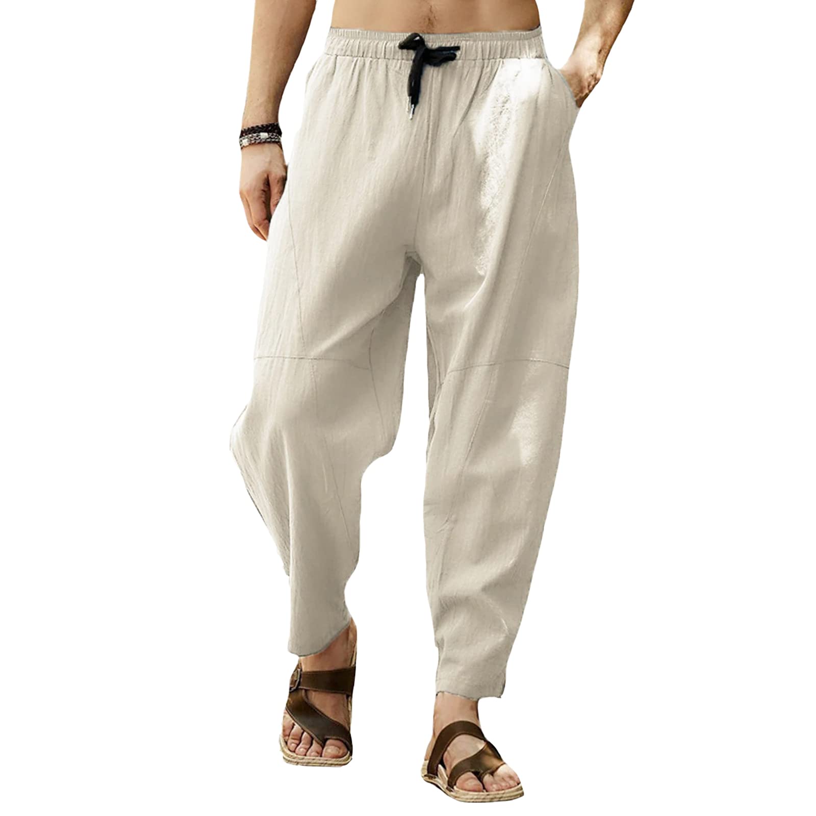 Cooleep Pantaloni Lino Uomo Estivi Casual Pantaloni Elasticizzati Leggeri da Yoga Spiaggia