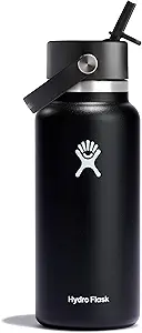 Hydro Flask Water Bottle - Insulated Stainless Steel - Wide Straw Lid, Non Spill, Leakproof in 32 Oz Black
