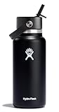 Water Bottle - Insulated Stainless Steel - Wide Straw Lid, Non Spill, Leakproof in 32 Oz Black