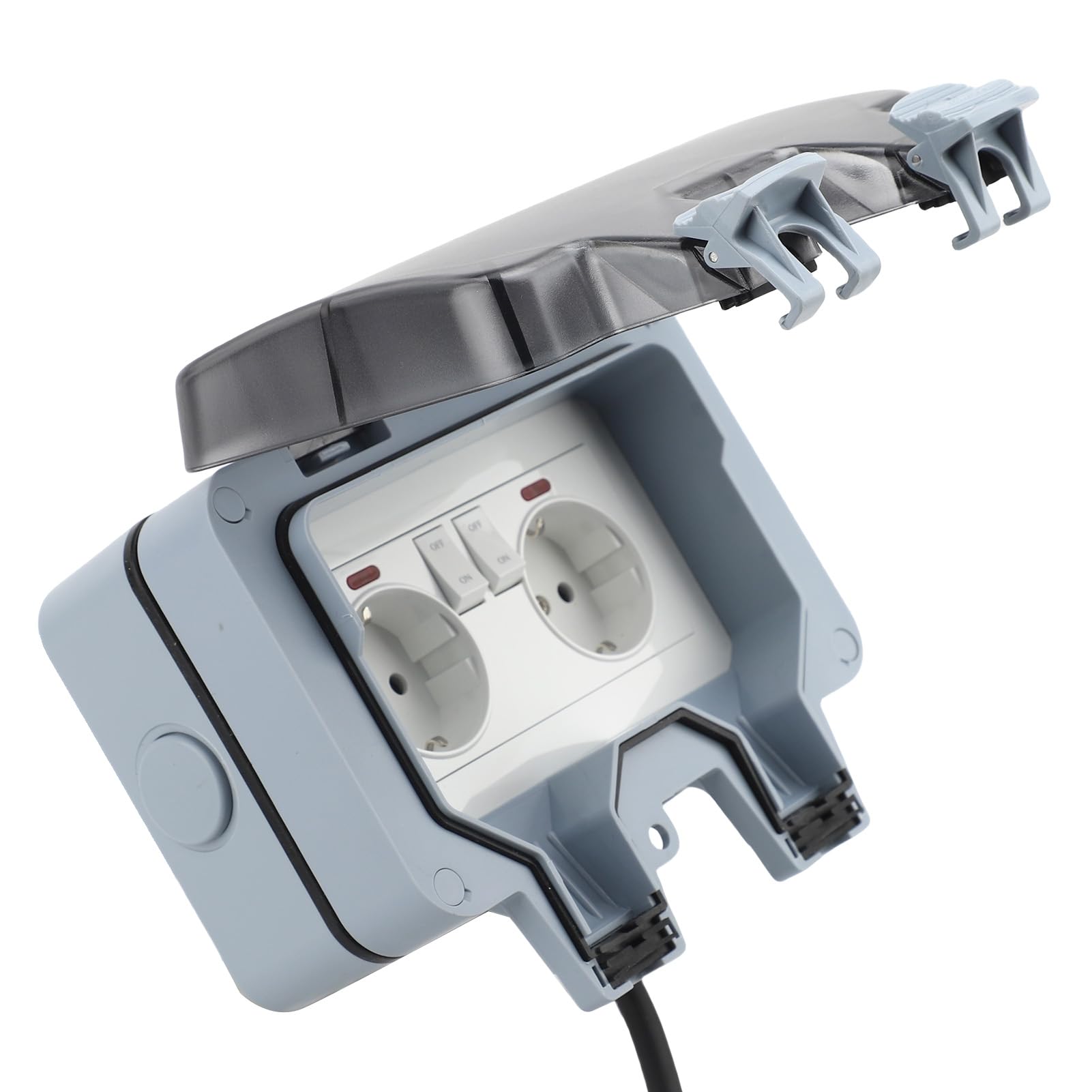 Aramox Toma de Corriente para Exteriores, Enchufe de Pared Resistente a la Intemperie, IP66, a Prueba de Lluvia, Caja de Tomacorriente Exterior de 2 Bandas con Interruptor Independiente y (5 metros)