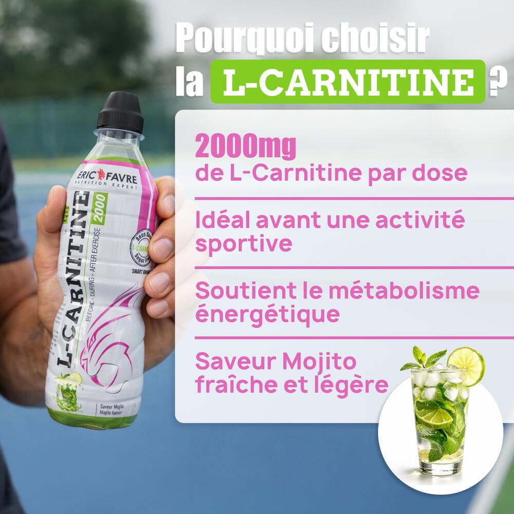 l carnitine eric favre L-CARNITINE DRINK - 2000mg L-Carnitine, 0% Sugar, 0% Fat - Only 5 Calories per Bottle - Pack of 12 500ml Bottles - Mojito Flavor