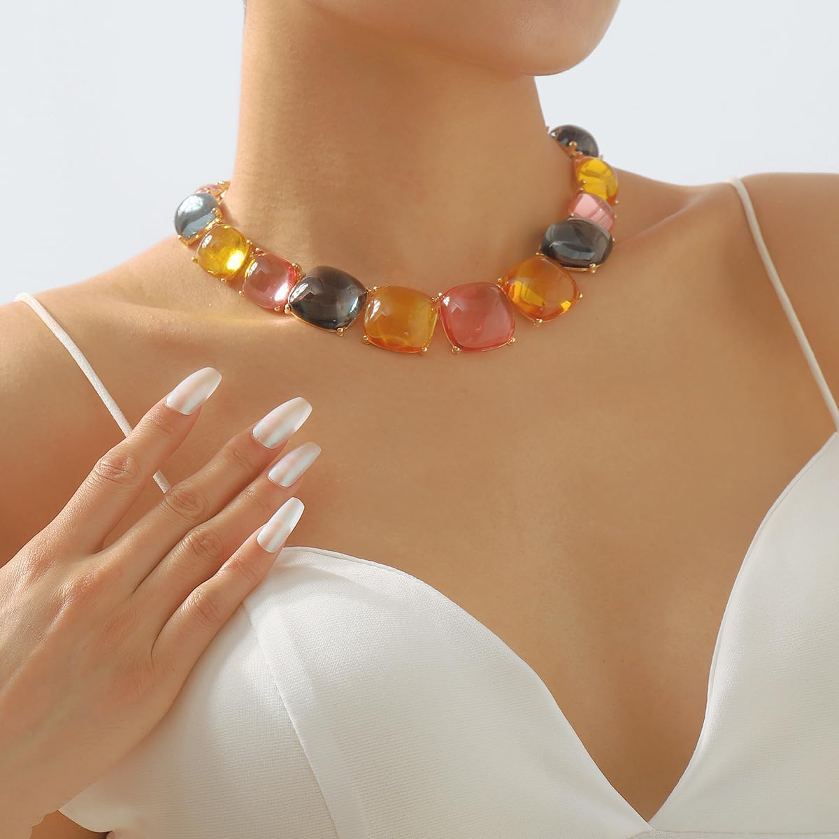 Colorful Rhinestone Beaded Necklace Earrings Large Resin Chunky Neckalce for Women Boho Colorful Jelly Choker Necklace Dainty Crystal Geometric Necklace Earrings Jewelry Gift - Image 5