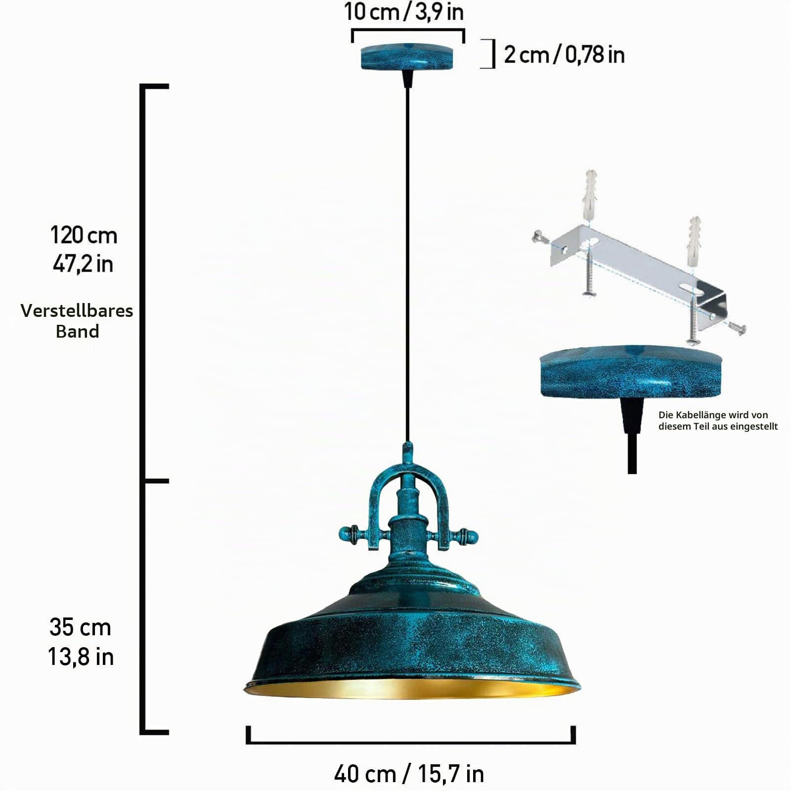 bamyum Asletl-Marine Industrielle Hängeleuchte, Lampenschirm 40 cm, moderne Küchenlampen aus Metall, Hängelampe E27 für Wohnzimmer und Esszimmer, Ozean