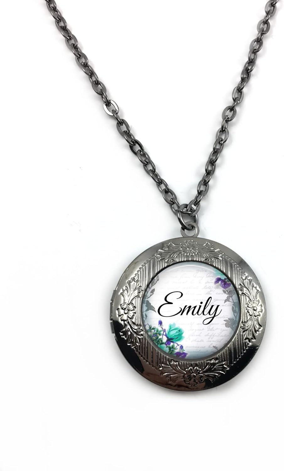 Custom Name Locket in Silver, Bronze, Gunmetal or Rose Gold - Available in 34 Designs - Personalized Round Metal Photo Pendant, Handmade Artisan Jewelry