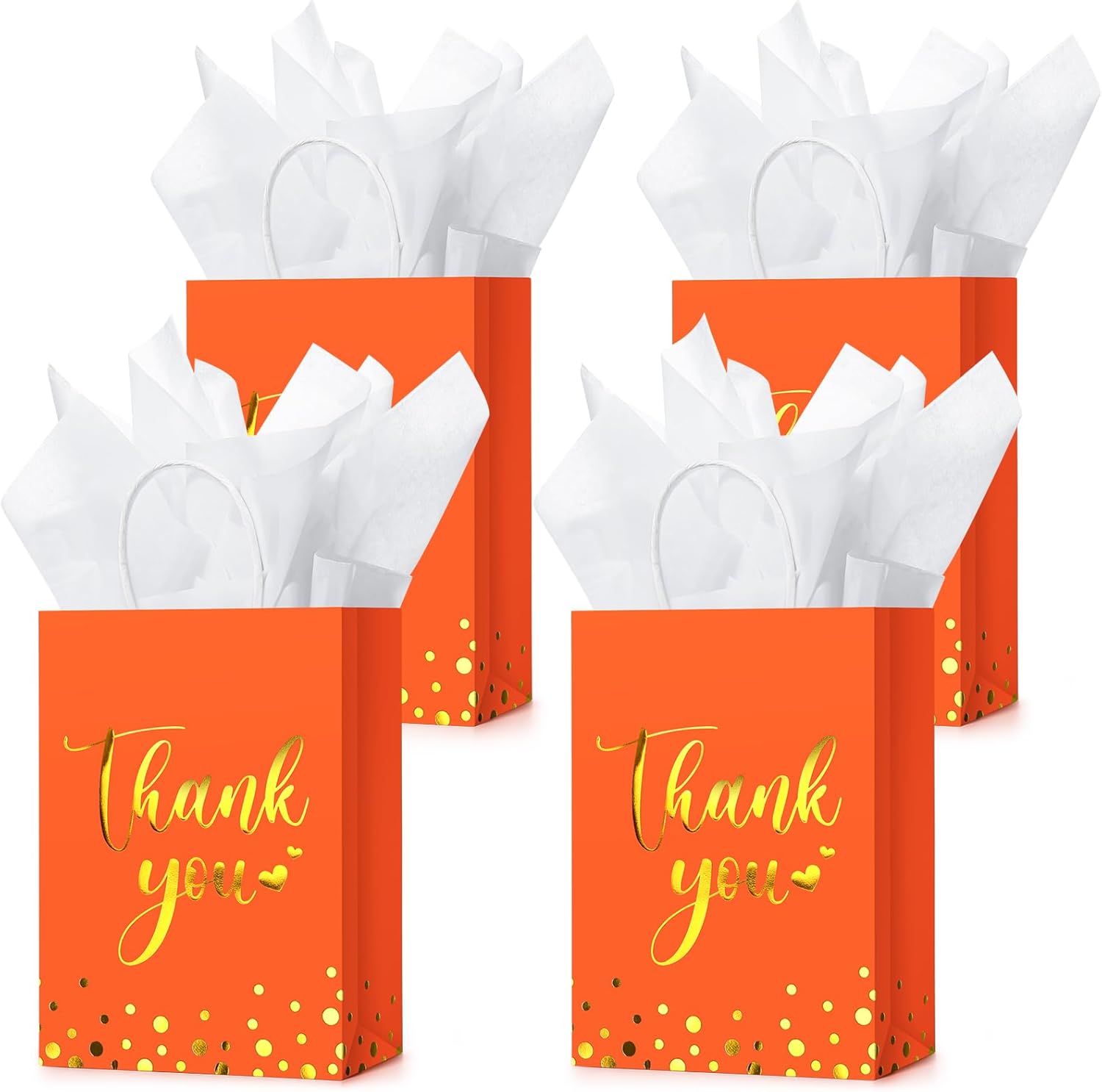 Tinlade 30 Pcs Thank You Gift Bags with Tissue Paper Gold Thank You Wedding Bags with Handle for Graduation Business Shopping Wedding Shower Party Favors(Orange)