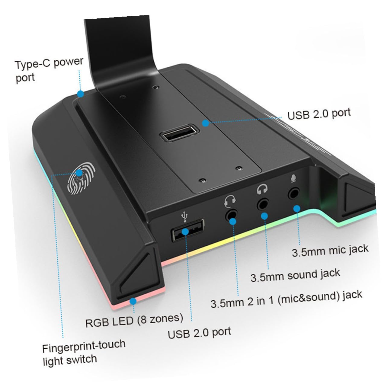 OUNONA Supporto Cuffie Gaming da Scrivania Nero Abs Base Rgb | Interfaccia Usb, Struttura Portatile, per Cuffie e Telefono, Accessorio da Tavolo per Setup Desktop