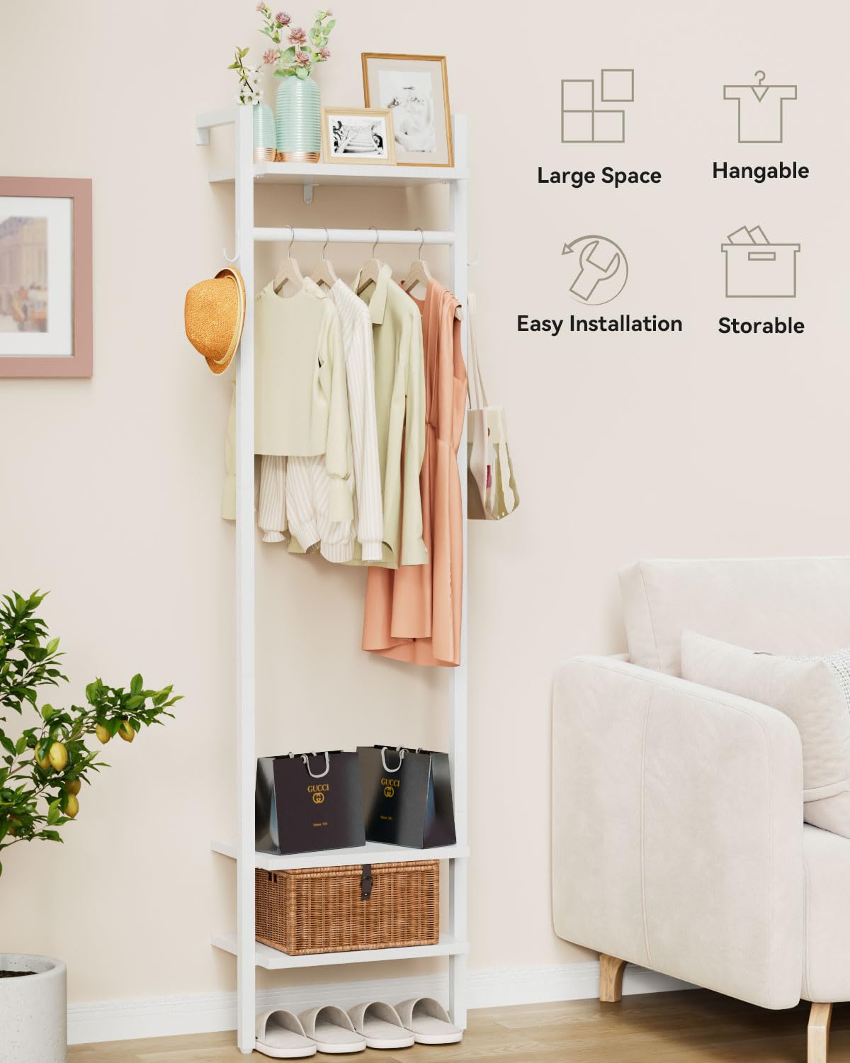 YMYNY Appendiabiti da Parete, Mobile da Ingresso, Alto 180CM Attaccapanni da Terra, Attaccapanni Muro Scaffale, per camera da letto, soggiorno, Stile Industriale, Bianco HGR003W