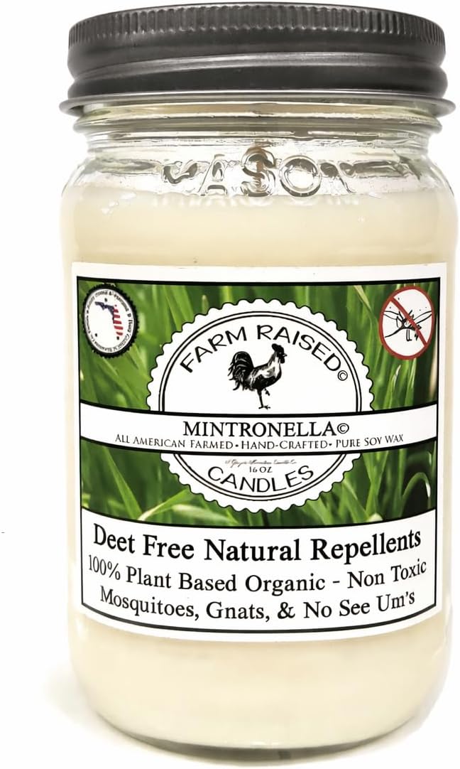 16 Ounce - 80 Hour Mintronella Candle, for Gnats and Mosquito Repellent Citronella, Lemongrass, and Peppermint. Natural Soy Wax Use Outdoors, Camping, on Decks, and Patio.