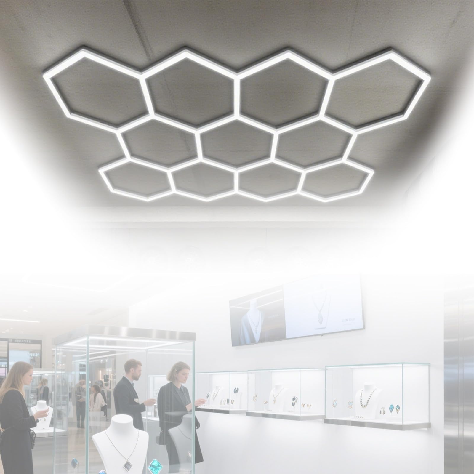Sześciokątna Lampa Garażowa LED, 6500K Sześciokątne Lampy W Kształcie Plastra Miodu Do Oświetlenia Stanowisk Pracy I Warsztatów, Piwnic, Sklepów, Siłowni, Warsztatów 11holes-220V