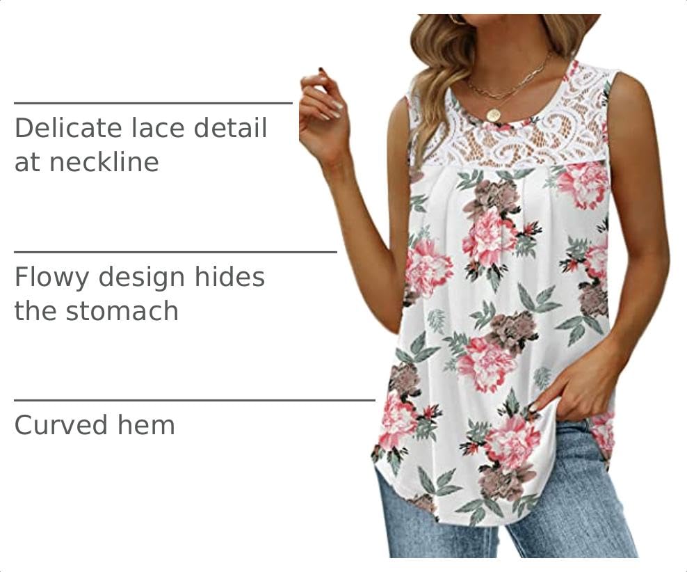 Image of Saloogoe Summer Tank Tops for Women Loose Fit Pleated Tunics Scoop Neck Sleeveless Lace Tops Curved Hem Flowy