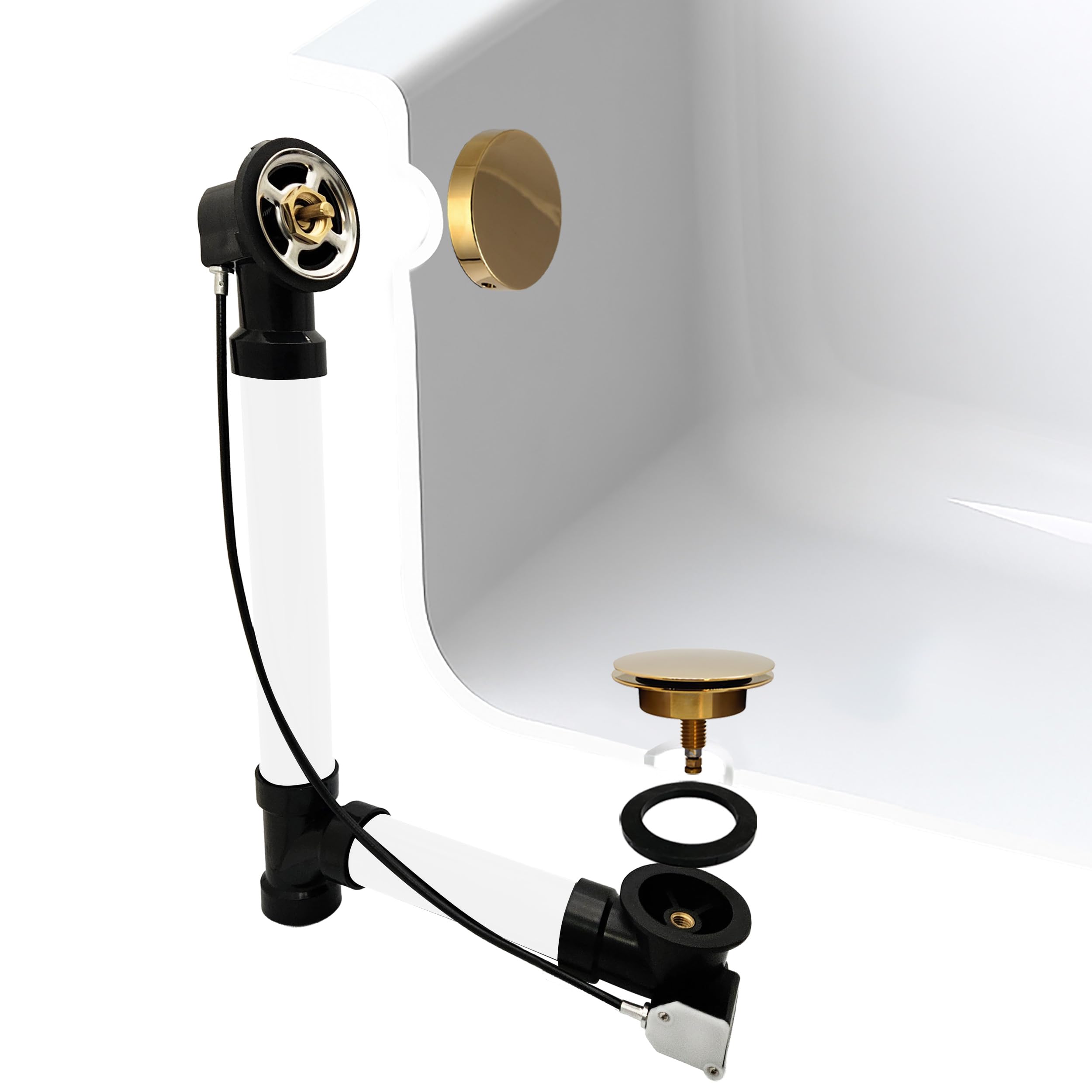 Westbrass A50A45SRE-01 45" SCH. 40 ABS Cable Driven Bath Drain Trim Kit with Rotary Overflow Cover Knob and Pop-Up Stopper, Polished Brass