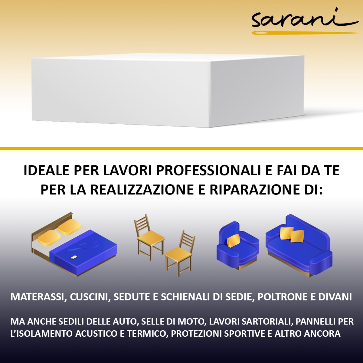 SaRani Spugna in Poliuretano Rettangolare per Imbottiture di Cuscini e Schienale per Divani, Materassi Panche - Densità 30 kg/mc (80 x 70 x 12 cm)
