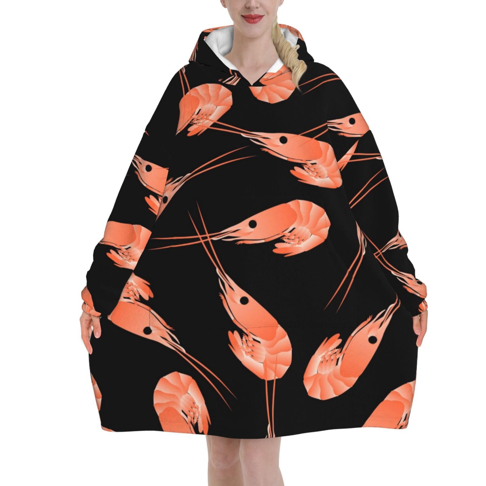 Peiyeety Unisex As Pic Wearable Blanket Hoodie Shrimp Pattern Sea Food Oversized Flannel Hooded Sweatshirt Blanket For Men Women