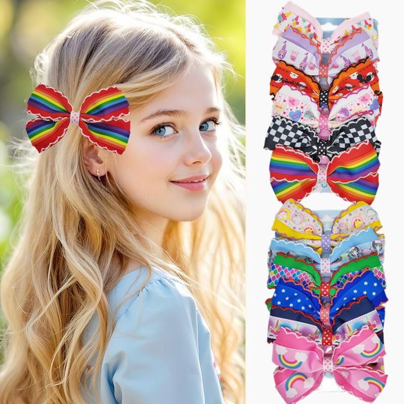 12PCS Hair Bows for Girls Colorful Little Girls Hair Bow Rainbow Grosgrain Hair Bow Alligator Hair Clips Pigtail Bows Unicorn Hair Clips Hair Accessories for Toddlers Children Kids (Multicolor - B) - Image 2