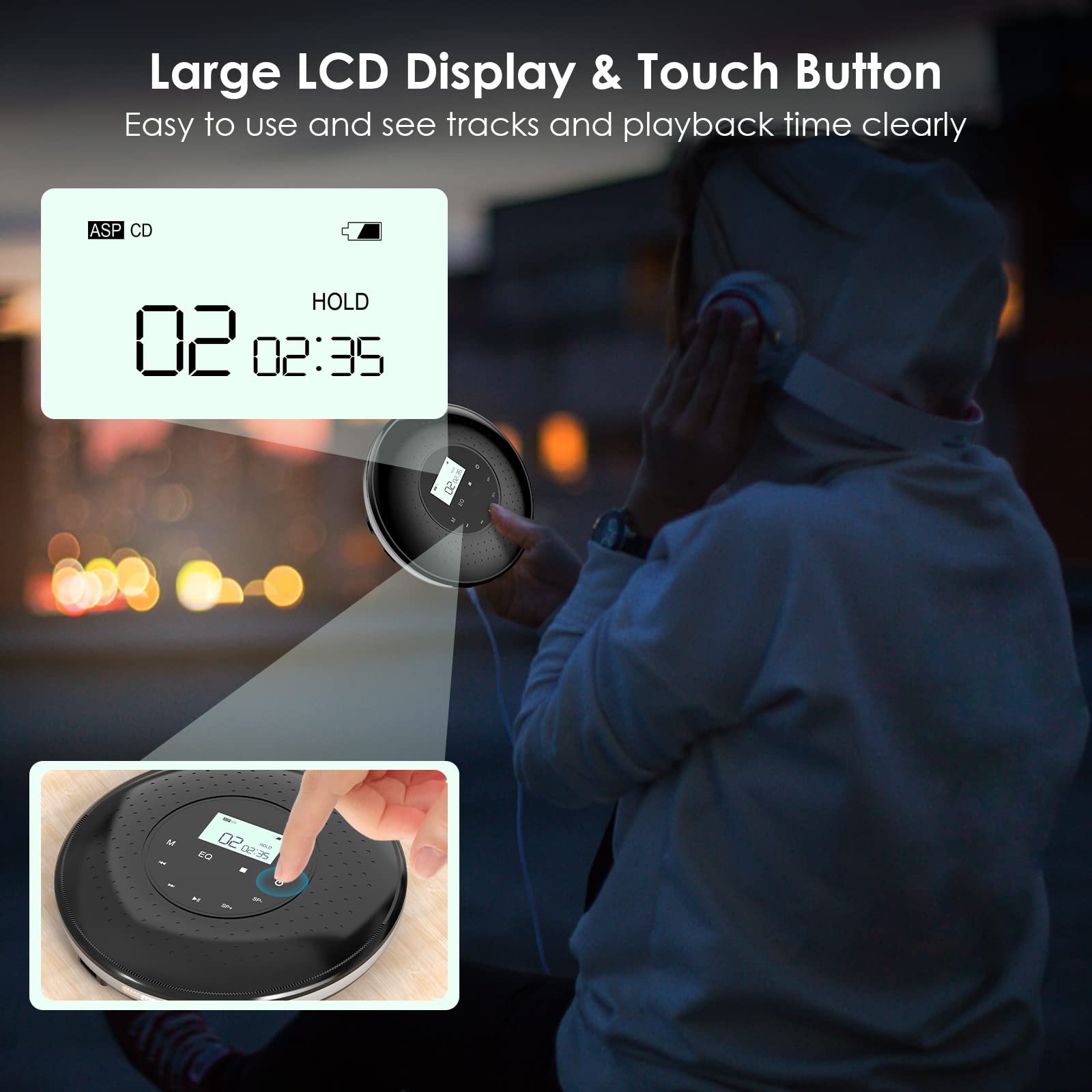 Qoosea Lettore CD Portatile con Pulsante di Tocco 1000mAh Ricaricabile per la Casa con Cuffie Giocatori CD Personali Walkman con Schermo LCD Porta USB AUX per i Bambini dell'automobile
