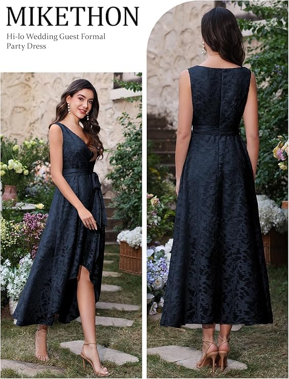 Women's Elegant Wedding Guest Dress Jacquard Summer Sleeveless A Line High Low Midi Length Formal Dress with Belt Navy Blue M2
