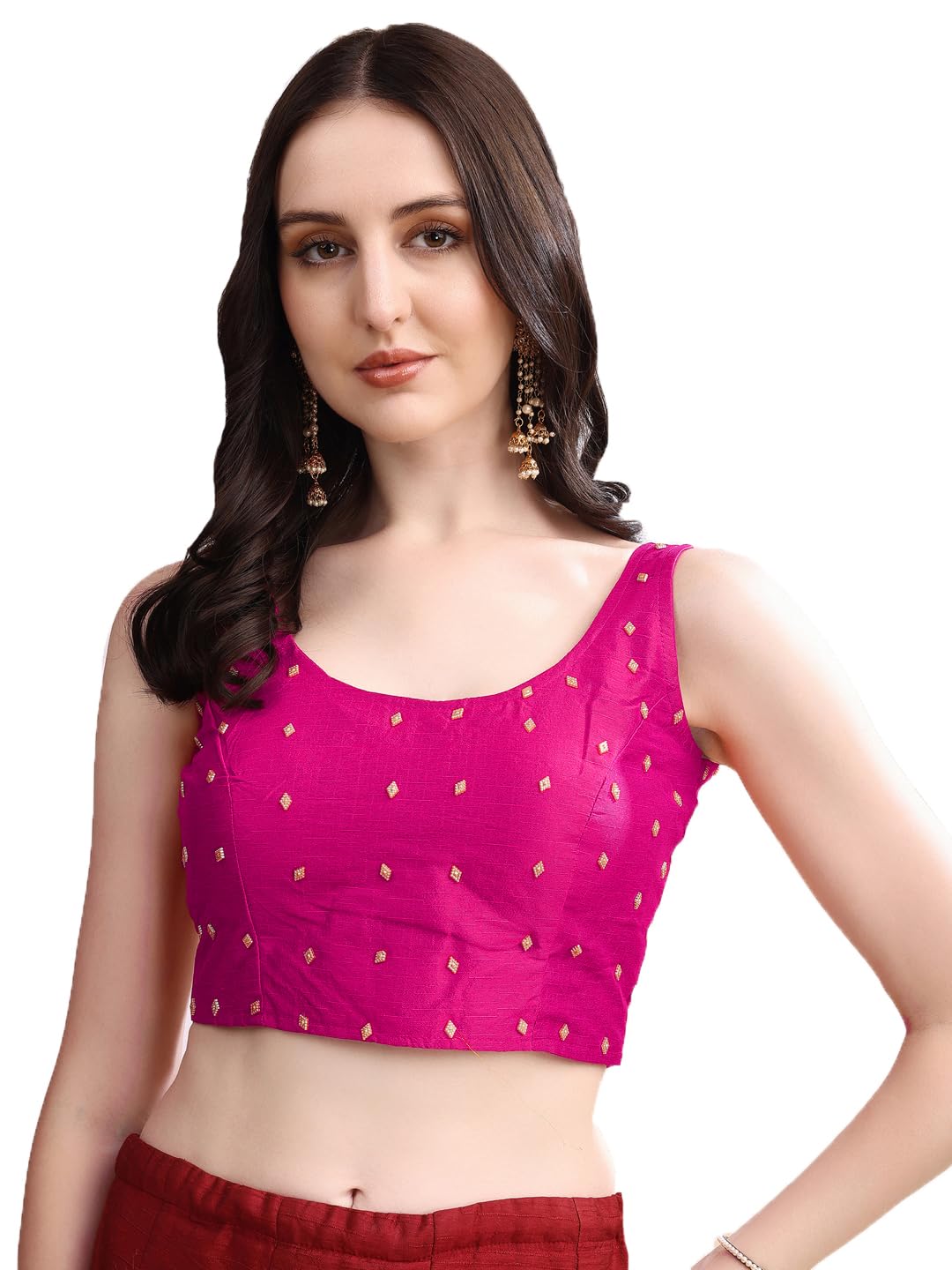 pujia mills Women's Square Neck Silk Sleeveless with Stone Readymade Blouse-picture-34