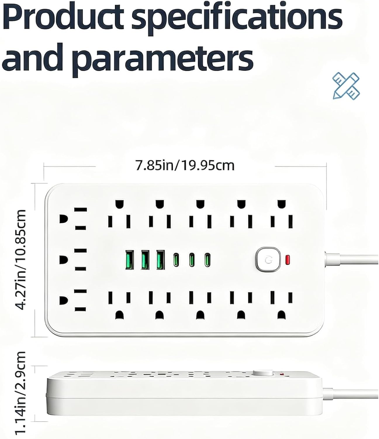 Surge Protector Power Strip 10 FT Flat Plug, 1875W/10A, 13 Multiple AC Outlets with 3 USB-A 3 USB C, One Touch Switch Button,Perfect for Home, Office, or Travel Use. White