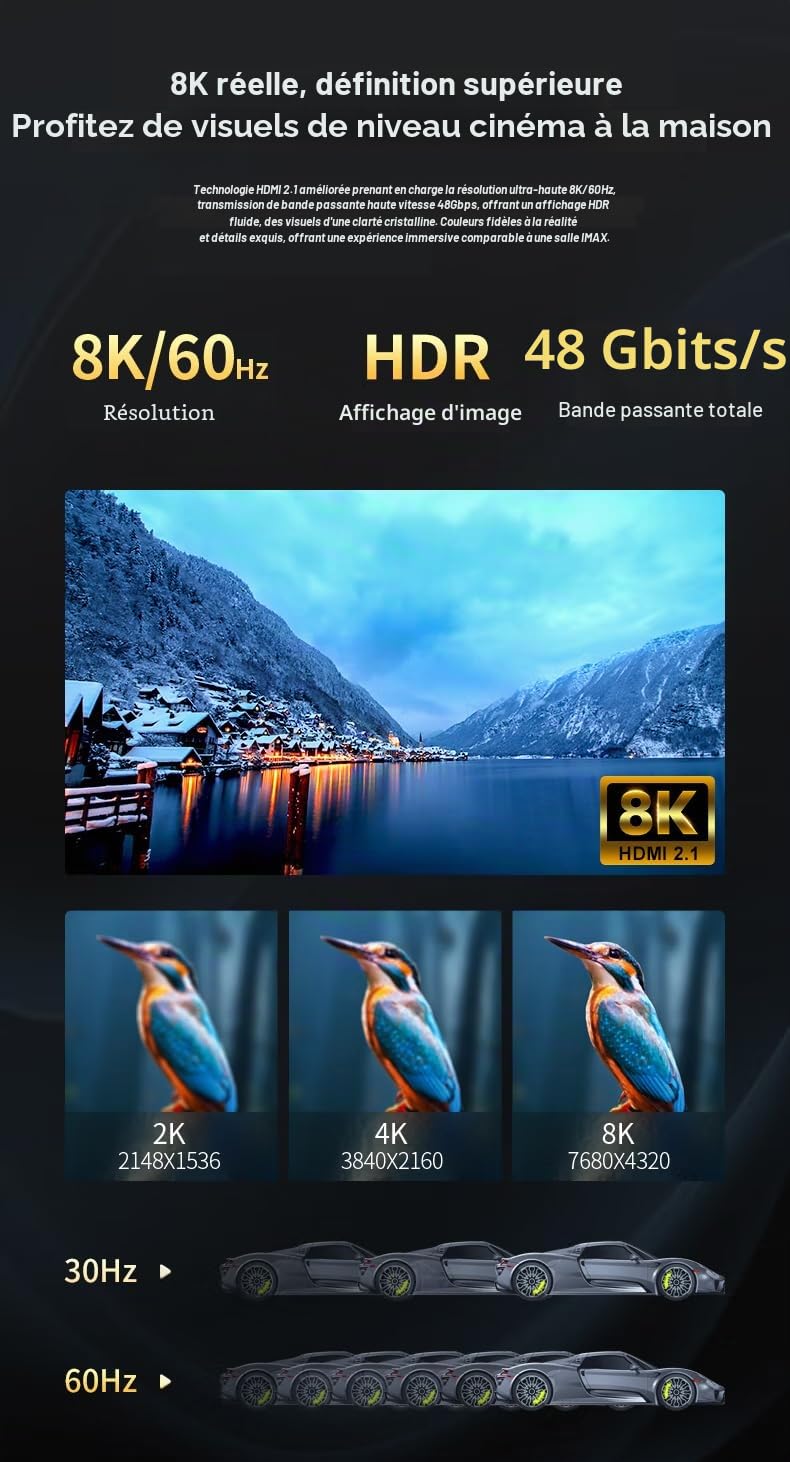PremiumCord 8K Câble à Fibre Optique HDMI 2.1, Ultra High Speed 48 Gbit/s, 3D, EDID, ARC, HDR, Résolution 8K@60Hz 4320p, 4K@240Hz, Compatible PS5, Xbox X, PC, TV, Noir/Rouge, Longueur 30 m