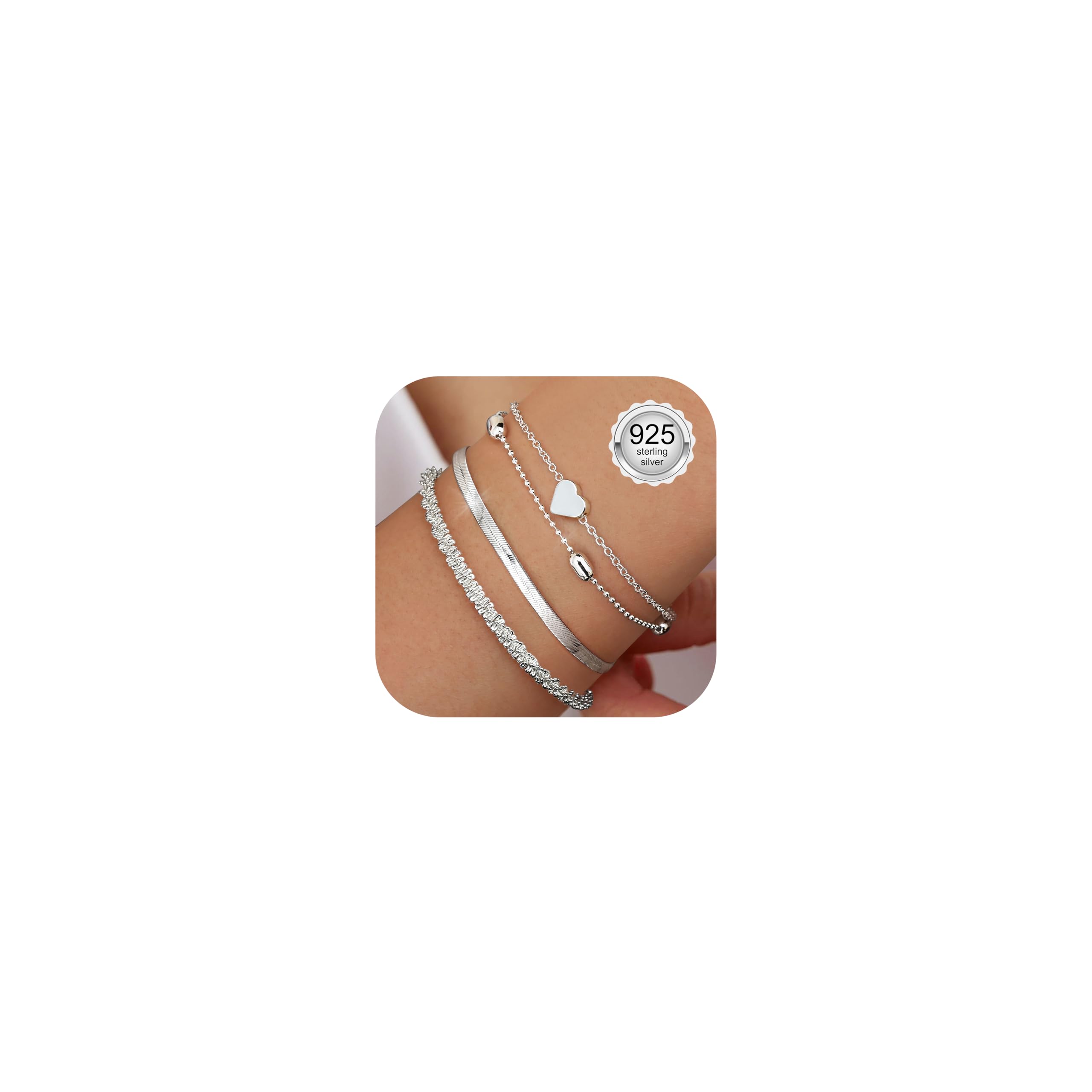 CASSIECA 3Pcs Pulsera Mujer Plata Pulsera de Plata Mujer 925 Esterlina Ajustable Pulseras de Mujeres Apilables Pulseras Joyería para Mujeres Niñas