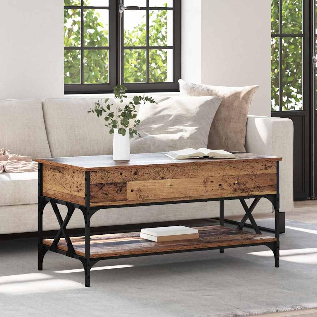 Table basse industrielle en bois pliable pour optimiser le rangement du salon