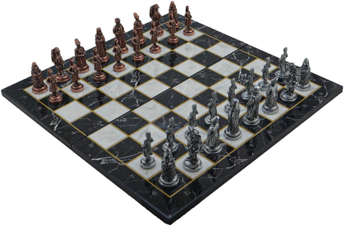 Ottoman Empire Figures Metal Chess Set for Adults,Handmade Pieces and Marble Design Folding Wooden Chess Board (Antique Copper)