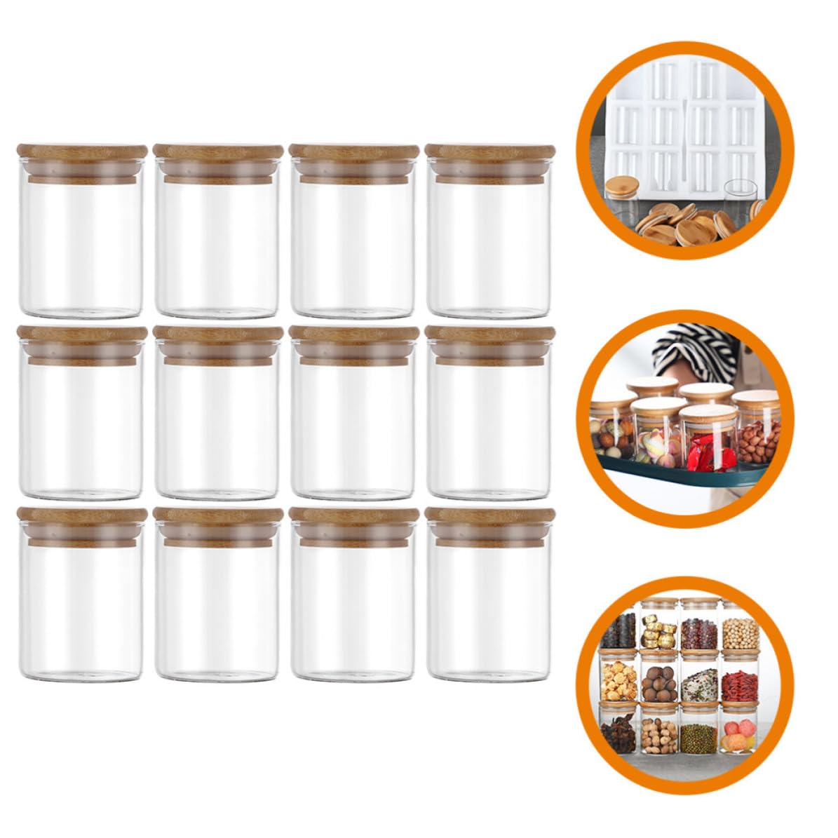 Frascos de Vidrio 250ml con Tapa de Bambú, 12 Piezas | Boca Ancha, Silicona y Cierre Hermético, Conserva Frescura en Cocina y Despensa