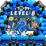 Picture of Vlipoeasn 90PCS Video Game Party Decorations for Boys Set - Blue 8th Birthday Supplies - Video Game Backdrop, Balloons, Tablecloth, Gamer and 8 Foil Balloons
