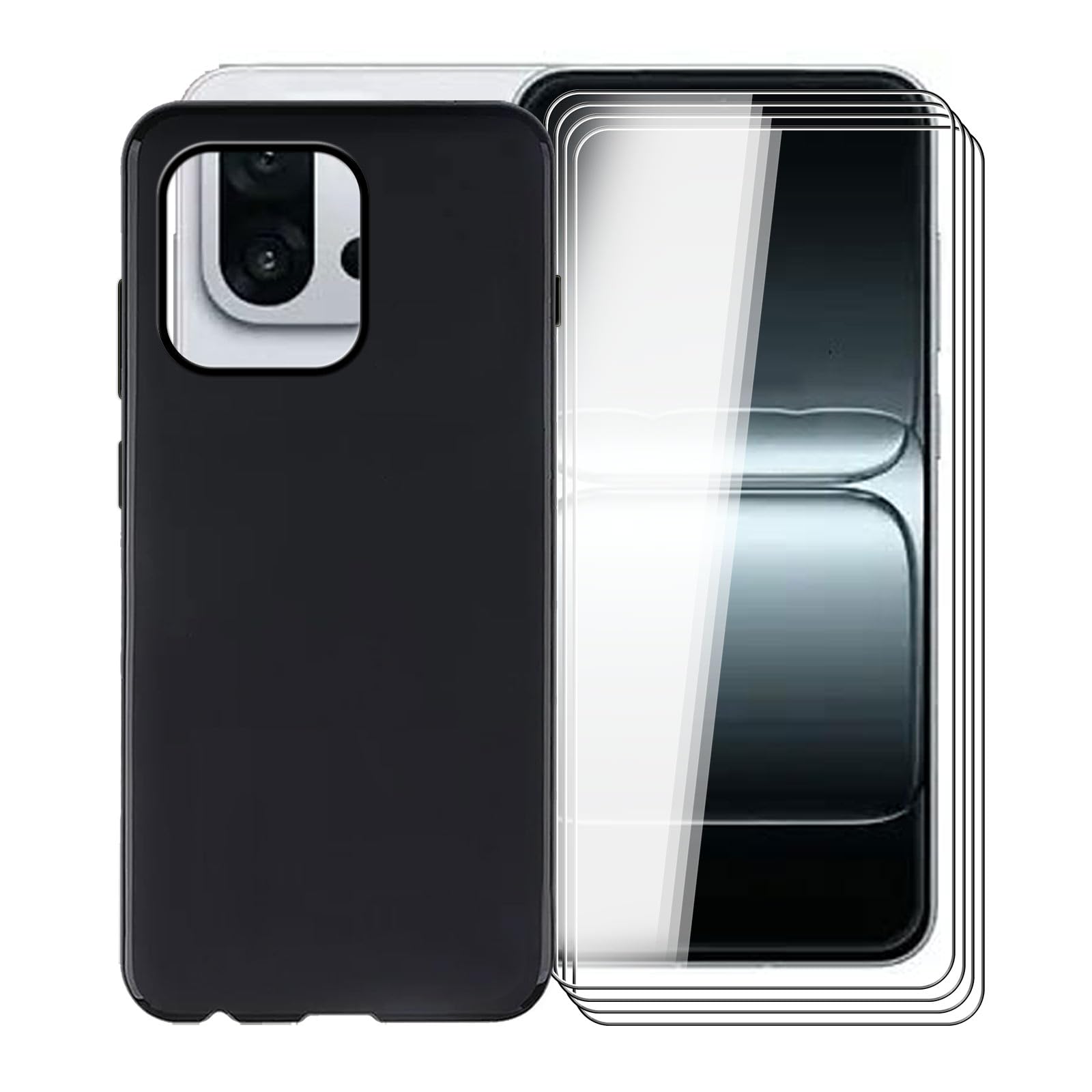 For OnePlus 13T (6.31") Black Case and 4 Pieces Tempered Glass Screen Protector Film, Ultra Thin Anti-Scratch Soft TPU Silicone Case Cover for OnePlus 13T - Black