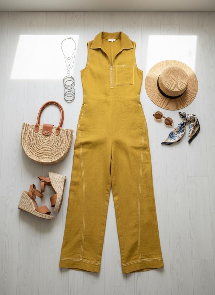 Générique Jumpsuit Femme Sans Manches en Lin, Col Montant Demi-Zip Jumpsuit à Jambes Larges avec Couture Contrastante et Poches pour une Tenue Décontractée Quotidienne
