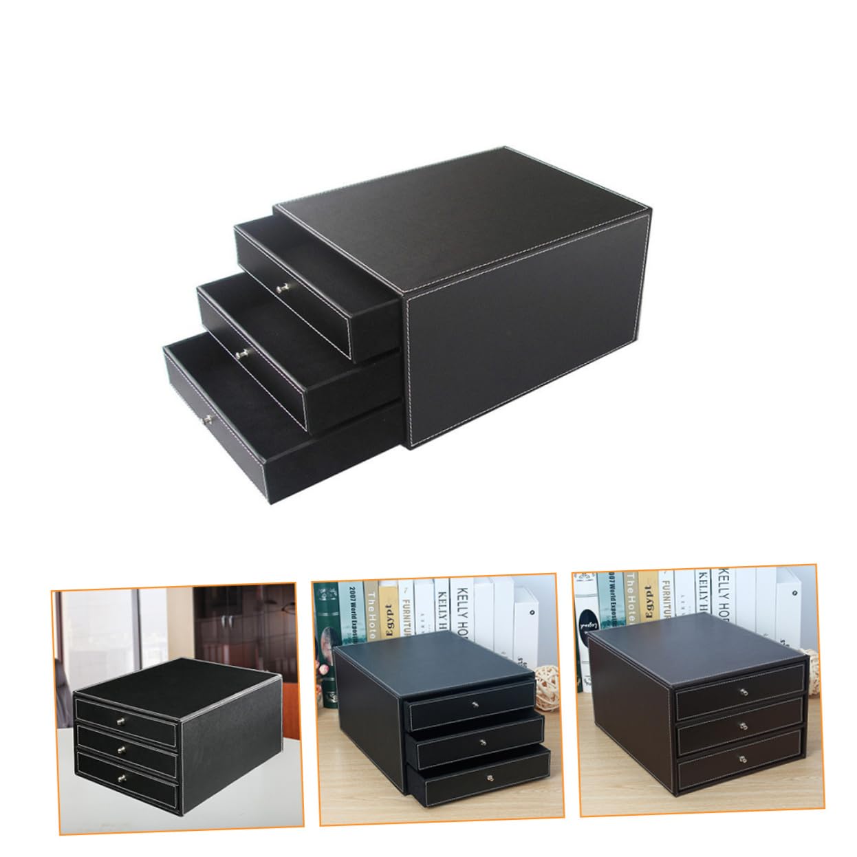 NUOBESTY Caja de Archivos de Escritorio A4 de Cuero Tres Cajones | Negro, Madera y Pu, 1 Pieza, Uso en Oficina y Dormitorio, Extracción Suave y Acceso Fácil