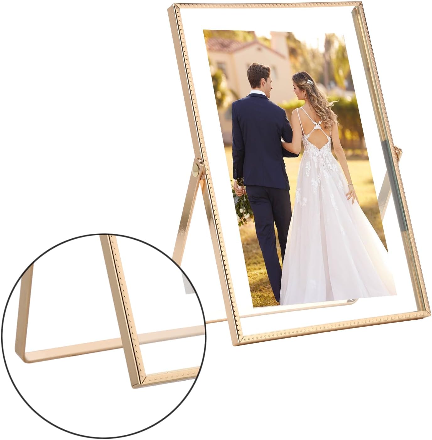 Gold 8x10'' Floating Frame Set of 2,For Photo Sizes( 5x7'',6x8'',7x9''),Beautiful Metal Beaded Edge Frames Adjustable Tabletop/Shelf Photo Frame,Classy Gift Choice for Wedding