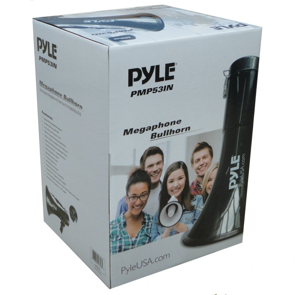 PYLE PMP53IN Megafono 50 Watt con Sirena, Ingresso Aux 3,5 mm, Microfono, Cinghia Trasporto, 12V