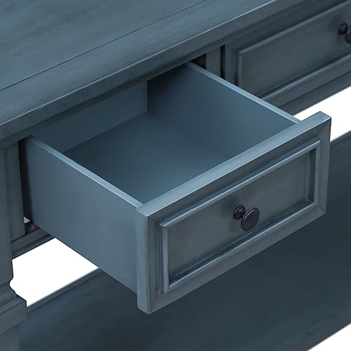 Miniatura 8 de Merax Mesa de entrada extra larga con 3 cajones y estante inferior, mesas de sofá con marco de madera de pino y patas (azul marino)