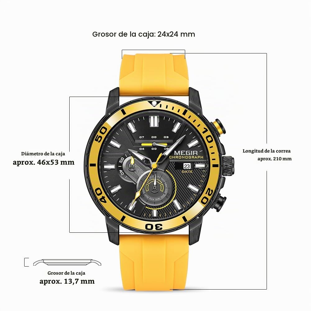 MEGIR Reloj deportivo analógico de cuarzo para hombre, cronógrafo, militar, luminoso, correa de silicona 2224G, Amarillo