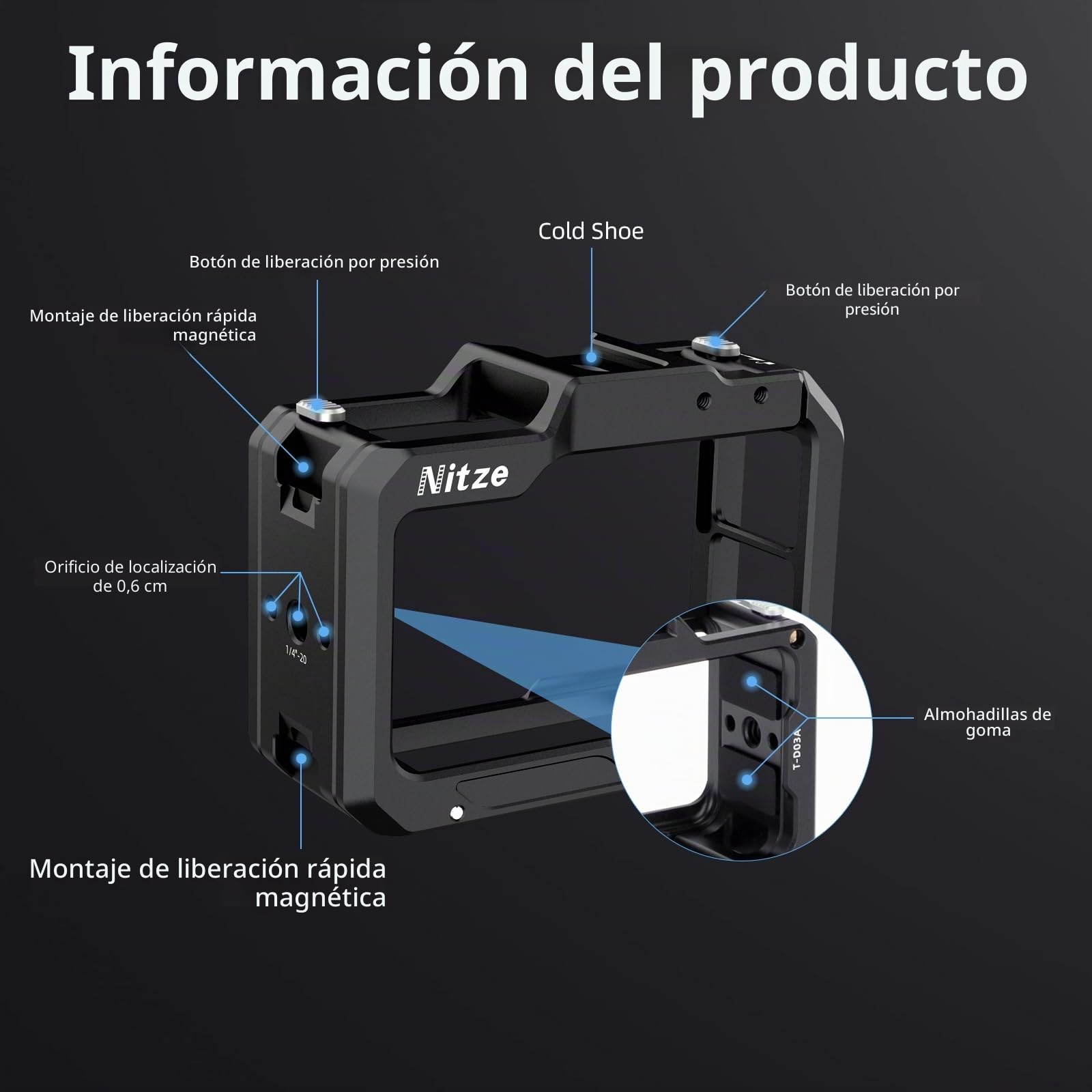 Nitze Jaula para DJI Osmo Action 5 Pro, Action 4, Action 3, jaula de metal de aluminio con interfaz magnética, orificio de rosca de 1/4", zapata fría para micrófono o luz LED de vídeo - T-D03A