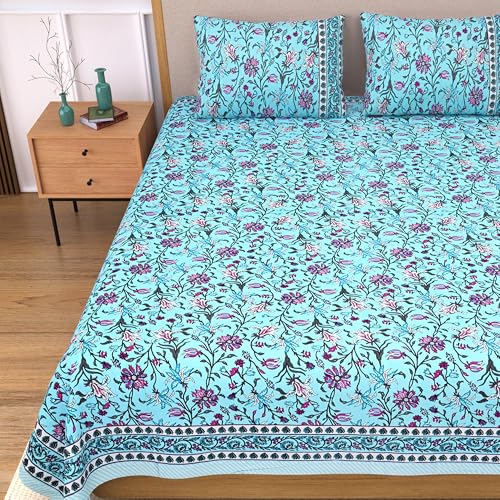 Image of India 100% Pure Cotton Jaipuri Printed Double Bedsheet with 2 Pillow Covers | Traditional Sanganeri Floral Design | Soft Breathable Fabric | King Size Bedsheet for Bedroom (Kaya45)