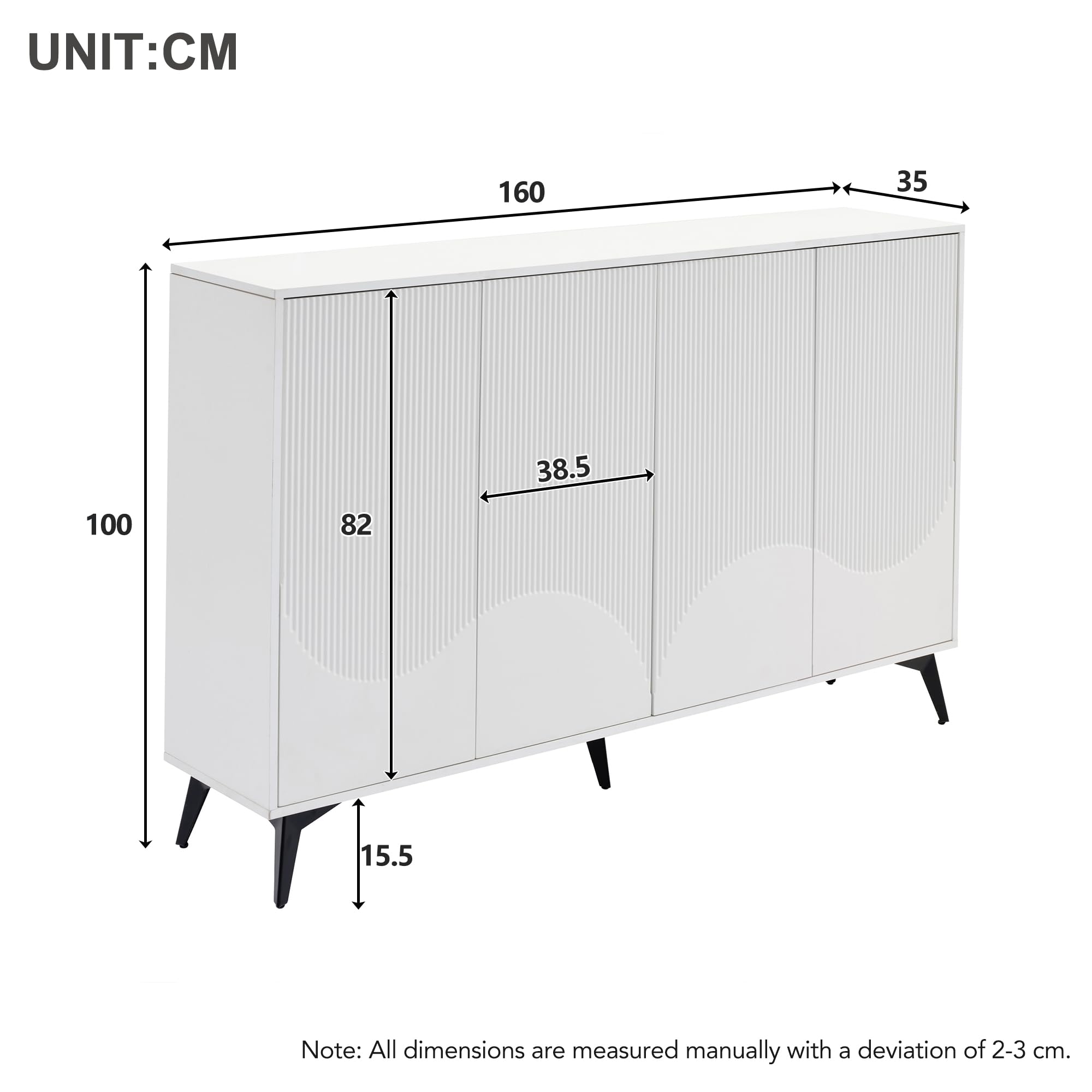 Aparador multifunción de 160 cm de ancho, color blanco, con estantes ajustables, 4 puertas, patas de metal