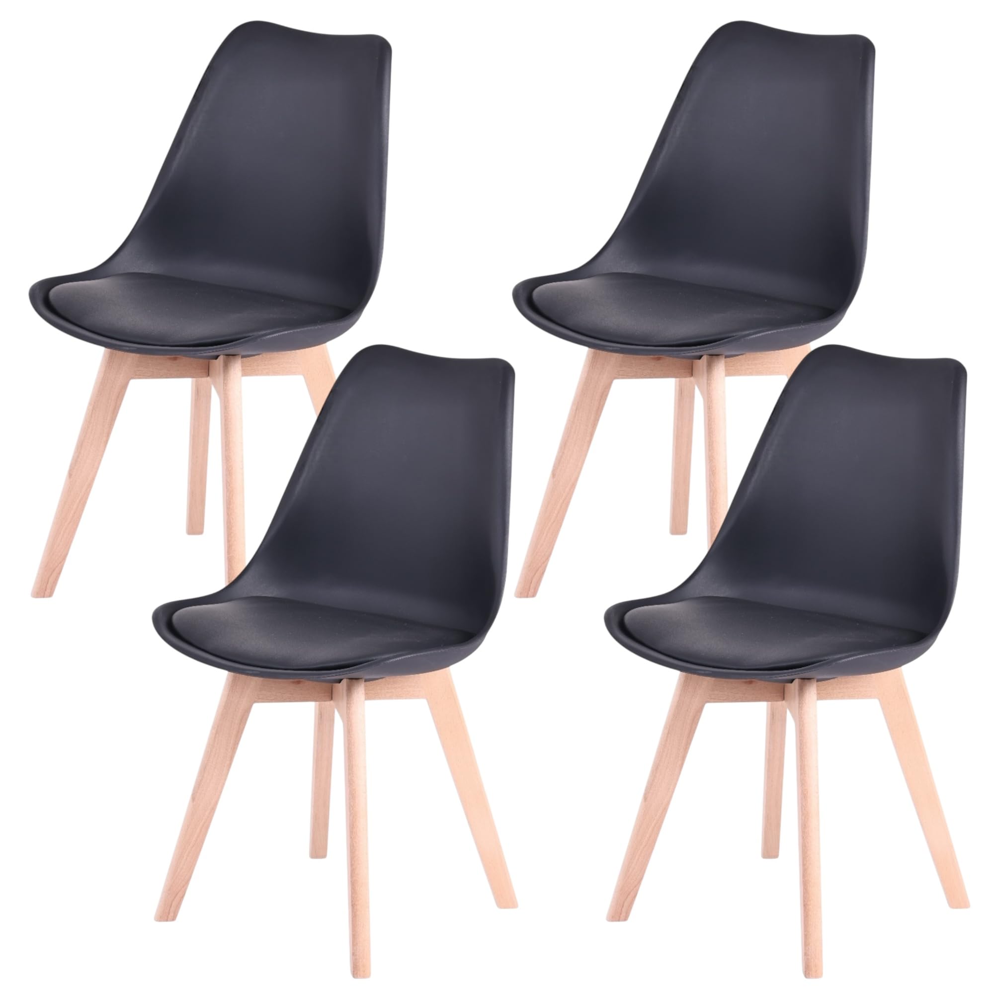 Sillas de Comedor Mikomika Synk Basic - Pack de 4 Sillas Nórdicas en Blanco, Negro y Gris con Asiento Tapizado y Patas de Madera de Haya Maciza (Negro)